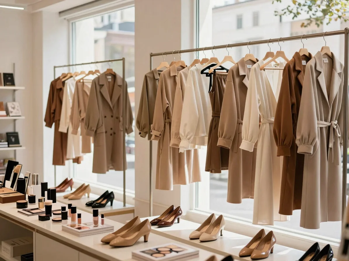 Ambiente de boutique editorial, luz natural suave entrando por ja